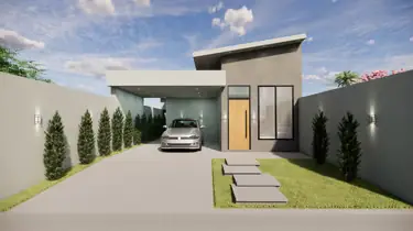 Render de projeto residencial com garagem coberta e muro de alvenaria